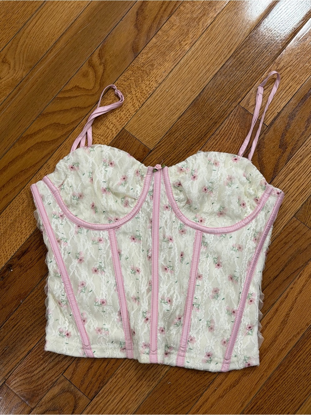 Cream Lace Floral Bustier Camisole with Pink Trim